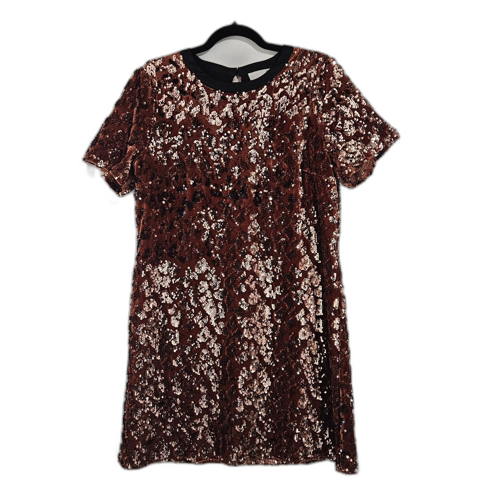 Anthro DO & RE Andi Sequined Velvet Dress Cheetah Mini Shift Dress Medium